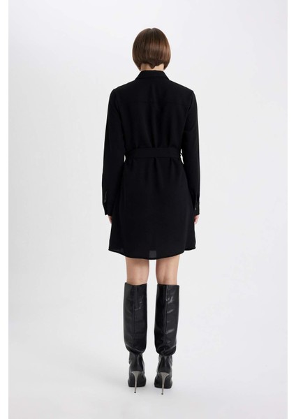 Gömlek Yaka Kuşaklı Uzun Kollu Mini Krep Elbise B2021AX23AU