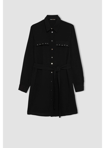 Gömlek Yaka Kuşaklı Uzun Kollu Mini Krep Elbise B2021AX23AU