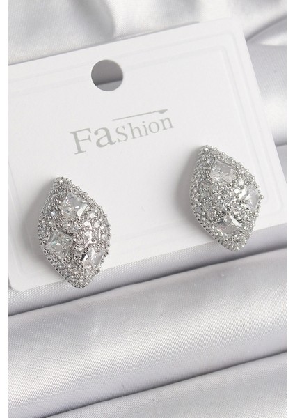 Bfs Pirinç Gümüş Renk Zirkon Taş Işlemeli Damla Model Kadın Küpe