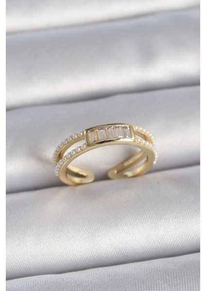 Bfs Pirinç Gold Renk Ayarlanabilir Sıralı Incili Zirkon Taş Detaylı Kadın Yüzük