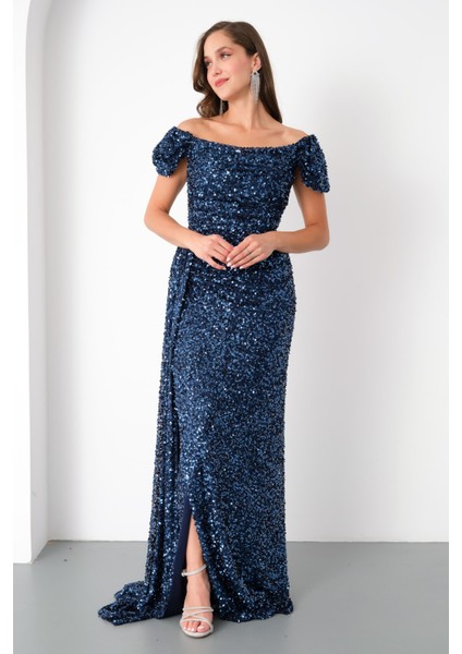 Kadın Lacivert Pul Payet Işlemeli Uzun Abiye Elbise