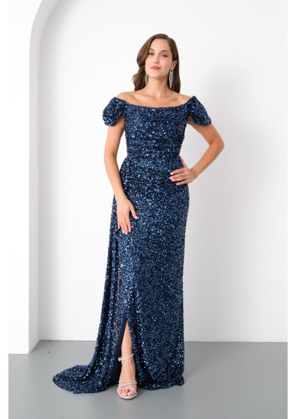 Kadın Lacivert Pul Payet Işlemeli Uzun Abiye Elbise fiyatları