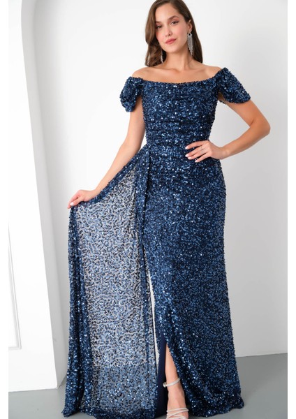 Kadın Lacivert Pul Payet Işlemeli Uzun Abiye Elbise modelleri