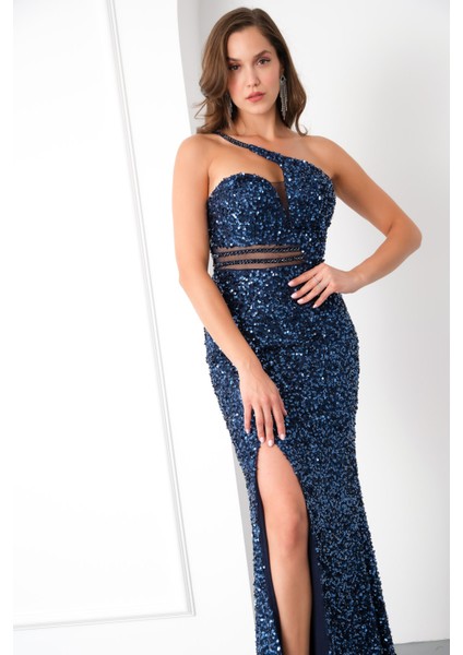 Kadın Lacivert Bel Transparan Yırtmaçlı Payetli Uzun Abiye Elbise fırsatları