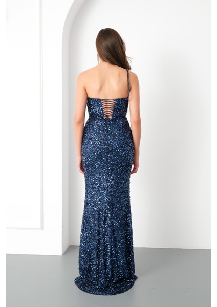 Kadın Lacivert Bel Transparan Yırtmaçlı Payetli Uzun Abiye Elbise indirimleri