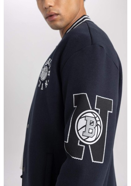 Fit Oversize Geniş KAlıp Kolej Yaka Baskılı Çıtçıt Kapamalı Cepli Bomber Hırka B3887AX24SP