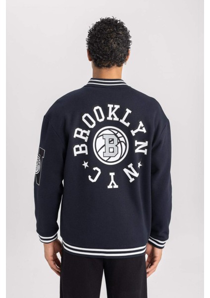 Fit Oversize Geniş KAlıp Kolej Yaka Baskılı Çıtçıt Kapamalı Cepli Bomber Hırka B3887AX24SP