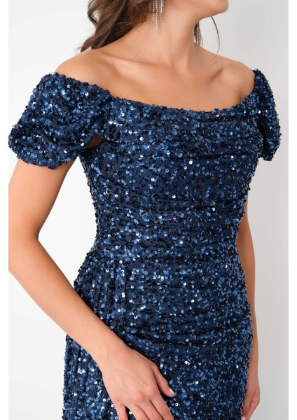 Kadın Lacivert Pul Payet Işlemeli Uzun Abiye Elbise fırsatları