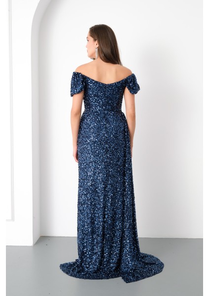 Kadın Lacivert Pul Payet Işlemeli Uzun Abiye Elbise indirimleri