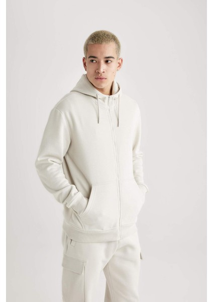 Regular Fit Kapüşonlu İçi Yumuşak Tüylü Cepli Basic Düz Fermuarlı Sweatshirt X8331AZ24SP