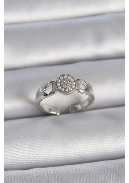 Bfs Pirinç Gümüş Renk Zirkon Taşlı Incili Kalp Işleme Detay Ayarlanabilir Model Kadın Yüzük