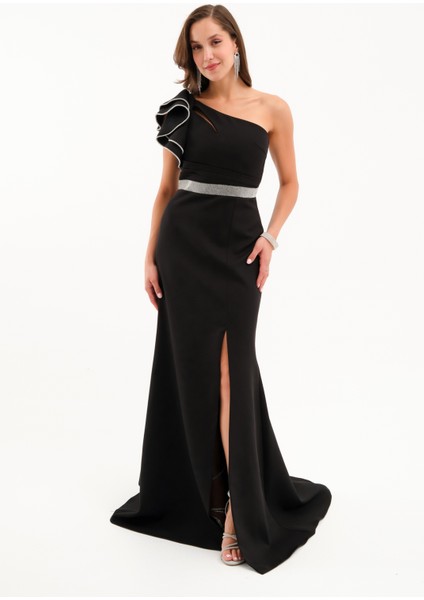 Kadın Siyah Tek Omuz Fırfırlı Uzun Söz Nişan Nikah Abiye Elbise