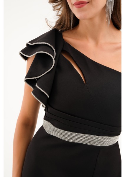 Kadın Siyah Tek Omuz Fırfırlı Uzun Söz Nişan Nikah Abiye Elbise fiyatları