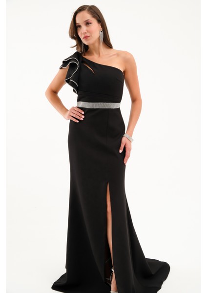 Kadın Siyah Tek Omuz Fırfırlı Uzun Söz Nişan Nikah Abiye Elbise modelleri