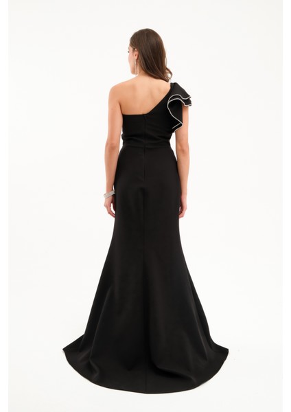 Kadın Siyah Tek Omuz Fırfırlı Uzun Söz Nişan Nikah Abiye Elbise indirimleri