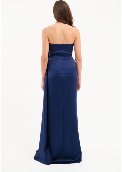 Kadın Lacivert Drapeli Çiçek Detay Uzun Saten Abiye Elbise indirimleri