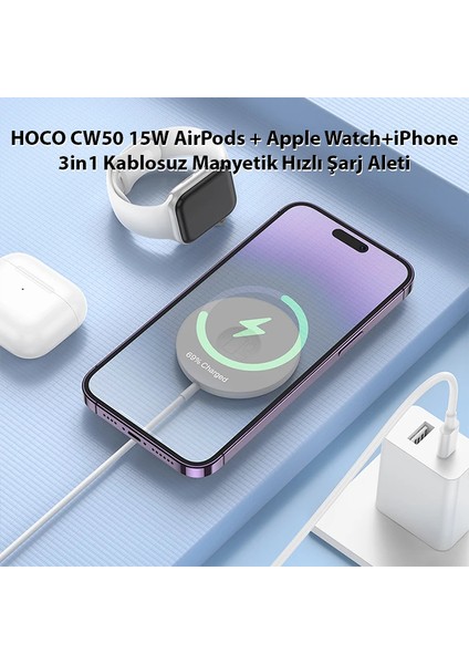 Hoco CW50 15W Airpods + Apple Watch+Iphone 3in1 Kablosuz Manyetik Hızlı Şarj Alet - CPT108405-14