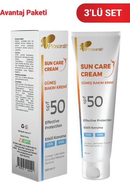 Güneş Bakım Kremi SPF 50 Etkili Koruma UVB UVA 100 ml 3'lü Paket
