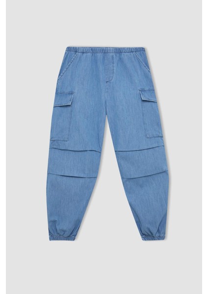 Kız Çocuk Kargo Fit Esnek Bantlı Paça Jean Pantolon