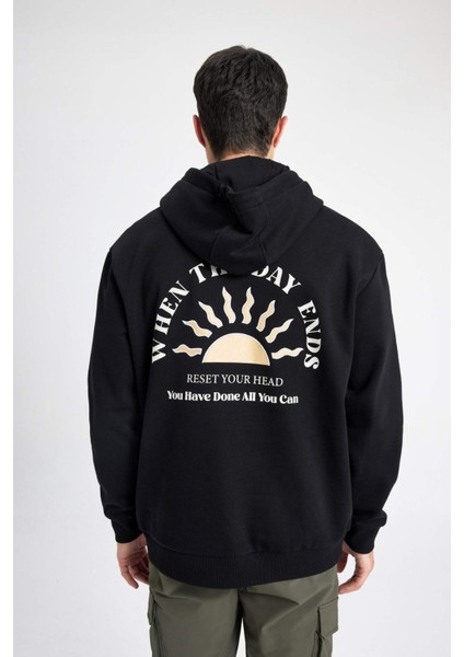 Oversize Geniş Kalıp Yarım Fermuarlı Kapüşonlu Sırt Baskılı Sweatshirt B4804AX24SP