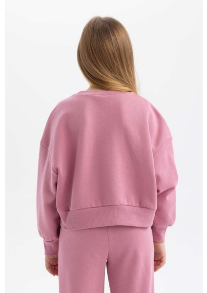 Kız Çocuk Relax Fit Bisiklet Yaka Baskılı Kalın Sweatshirt B4675A823WN