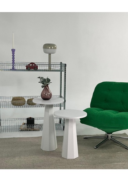 Lilyum Mantar Sehpa İkili Set Beyaz (47+57 Cm)