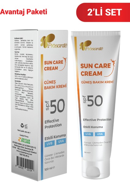 Güneş Bakım Kremi SPF 50 Etkili Koruma UVB UVA 100 ml 2'li Paket