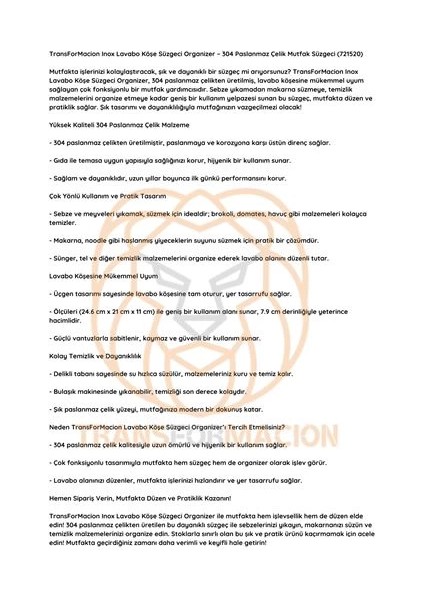 Bfs Inox Lavabo Köşe Süzgeci Organizer 304 Paslanmaz Çelik