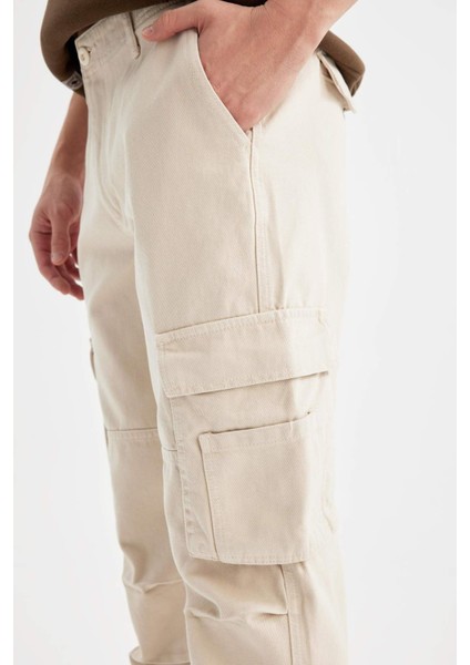 %100 Pamuk Gabardin Pantolon Wide Leg Bol Rahat Kesim Kargo Cepli Düz Paça