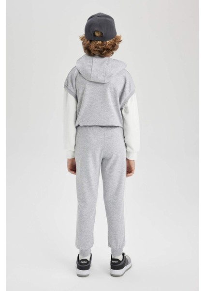 Erkek Çocuk Beli Bağcıklı Lastikli Paça Cepli Baskılı Gri Jogger Eşofman Altı B6142A824SP