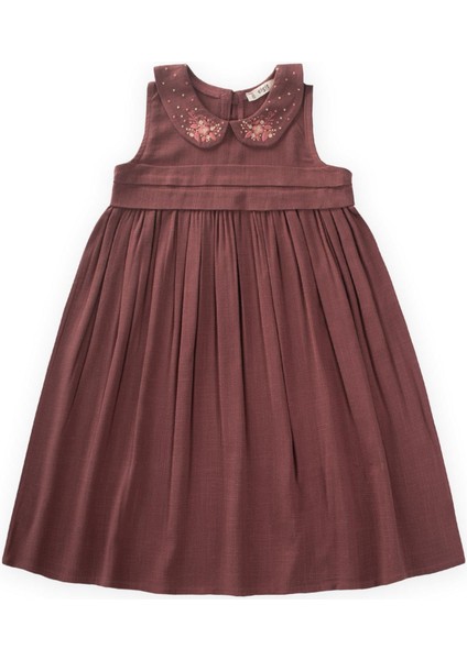 Bebe Yaka Nakışlı Keten Elbise 2-7 Yaş Mürdüm