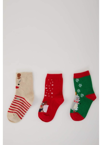 Erkek Bebek Yılbaşı Temalı Kaydırmaz Taban 3'lü Pamuklu Uzun Çorap B6307A5NS
