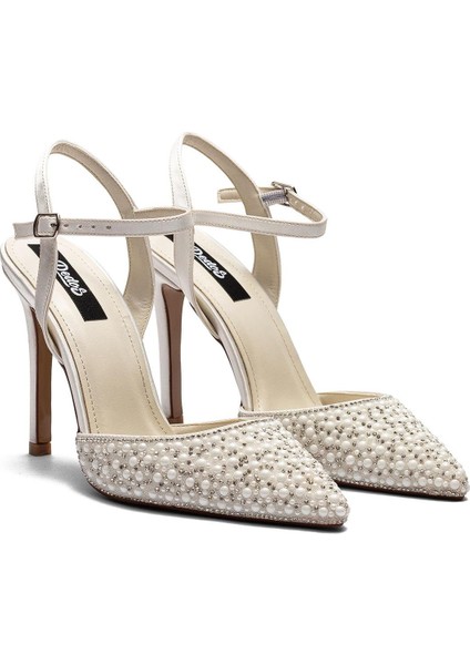 Yüksek Topuklu Kadın Taş İşlemeli Saten Abiye Ayakkabı 330 Sedef Kaydırmaz Taban