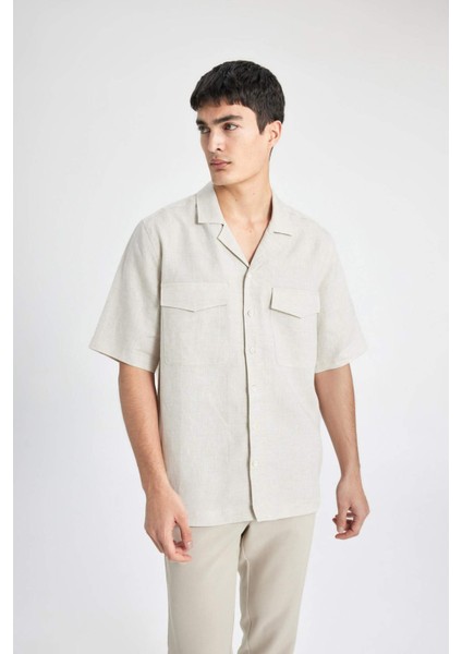%100 Keten Relax Fit Polo Yaka Yazlık Basic Düz Kısa Kollu Gömlek B6687AX24SP