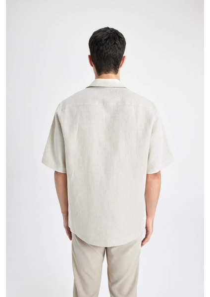 %100 Keten Relax Fit Polo Yaka Yazlık Basic Düz Kısa Kollu Gömlek B6687AX24SP