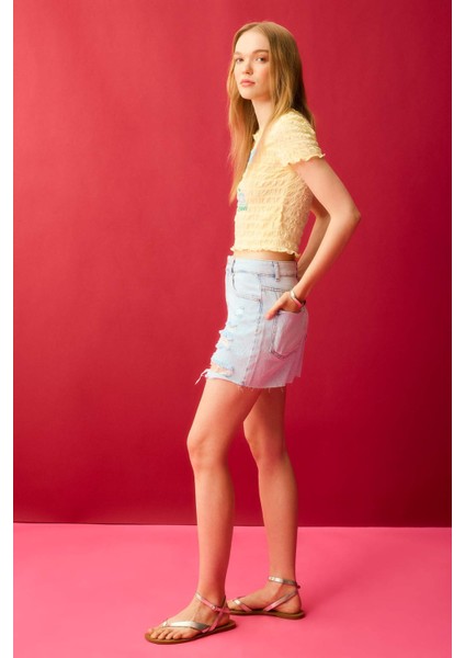 Mom Fit Yüksek Bel Kesik Uçlu Paça Jean Şort B7684AX24HS