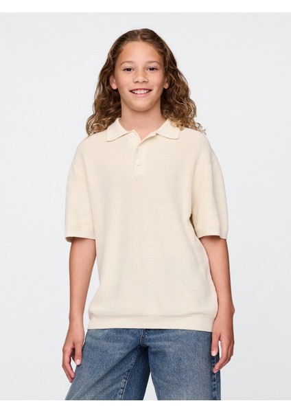 Erkek Çocuk Krem Relaxed Sweatshirt Polo T-Shirt