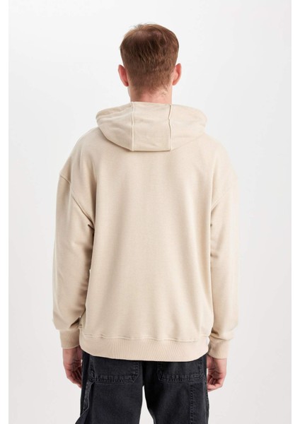 Erkek Bej Oversize Fit Geniş Kesim Basic Düz Pamuklu Kapüşonlu Sweatshirt B7849AXNS