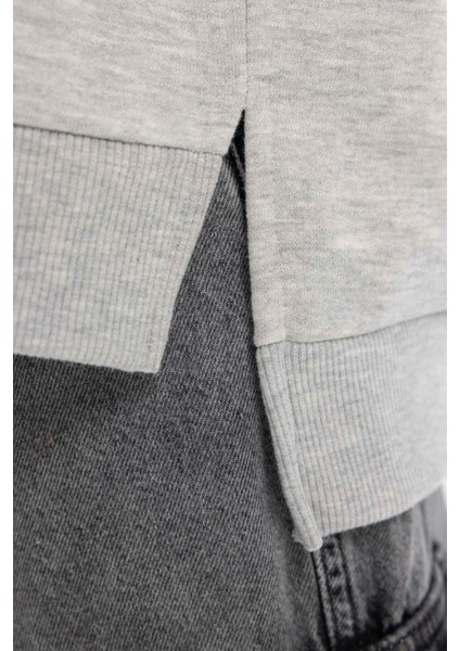 Kadın Gri Oversize Fit Geniş Kesim Polo Yaka Düz Basic Pamuklu Sweatshirt B7834AXNS