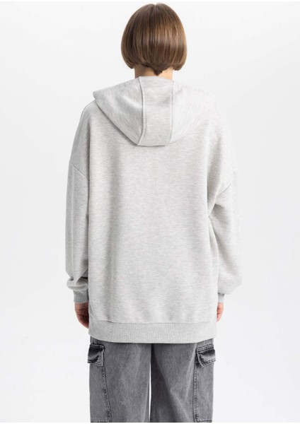 Kadın Gri Oversize Fit Geniş Kesim Polo Yaka Düz Basic Pamuklu Sweatshirt B7834AXNS