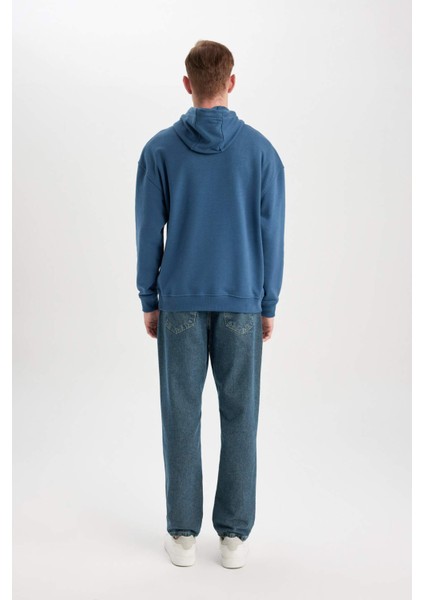 Erkek Gri Oversize Fit Geniş Kesim Basic Düz Pamuklu Kapüşonlu Sweatshirt B7849AXNS