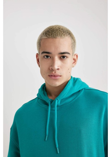Erkek Yeşil Oversize Fit Geniş Kesim Basic Düz Pamuklu Kapüşonlu Sweatshirt B7849AXNS