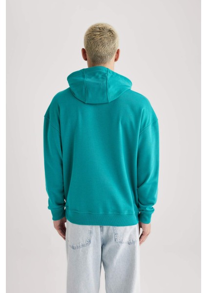 Erkek Yeşil Oversize Fit Geniş Kesim Basic Düz Pamuklu Kapüşonlu Sweatshirt B7849AXNS