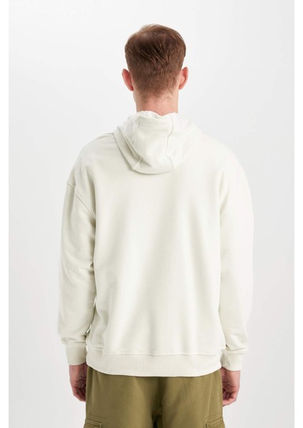 Erkek Gri Oversize Fit Geniş Kesim Basic Düz Pamuklu Kapüşonlu Sweatshirt B7849AXNS