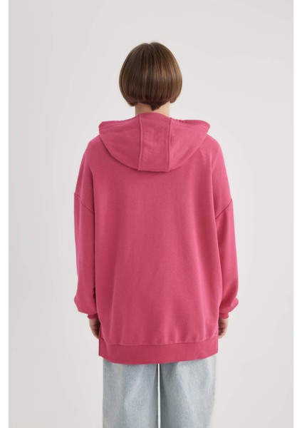Kadın Pembe Oversize Fit Geniş Kesim Polo Yaka Düz Basic Pamuklu Sweatshirt B7834AXNS