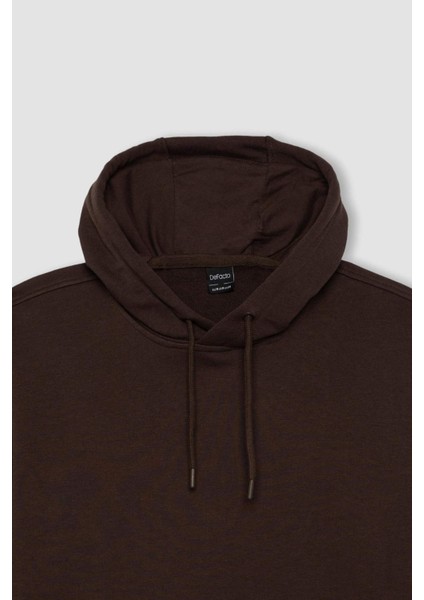 Erkek Kahverengi Oversize Fit Geniş Kesim Basic Düz Pamuklu Kapüşonlu Sweatshirt B7849AXNS