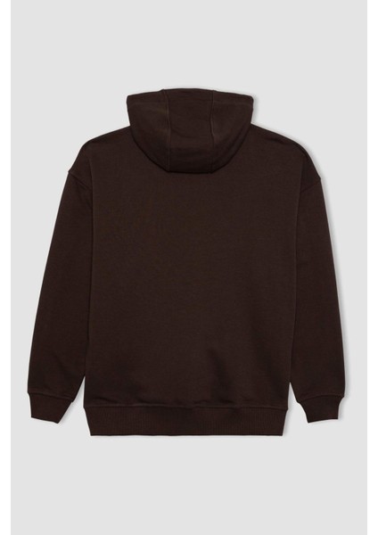 Erkek Kahverengi Oversize Fit Geniş Kesim Basic Düz Pamuklu Kapüşonlu Sweatshirt B7849AXNS
