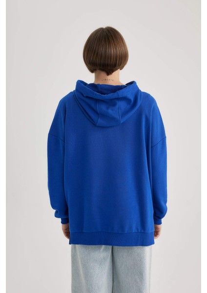 Kadın Mavi Oversize Fit Geniş Kesim Polo Yaka Düz Basic Pamuklu Sweatshirt B7834AXNS