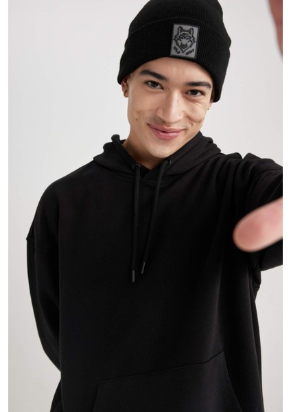 Erkek Siyah Oversize Fit Geniş Kesim Basic Düz Pamuklu Kapüşonlu Sweatshirt B7849AXNS