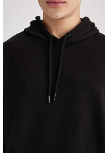 Erkek Siyah Oversize Fit Geniş Kesim Basic Düz Pamuklu Kapüşonlu Sweatshirt B7849AXNS